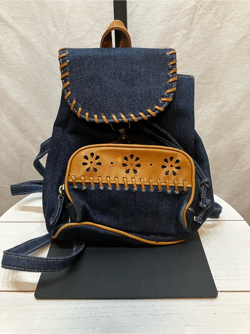 Denim Backpack with Tan Leather Accents - Casual Women's Daypack